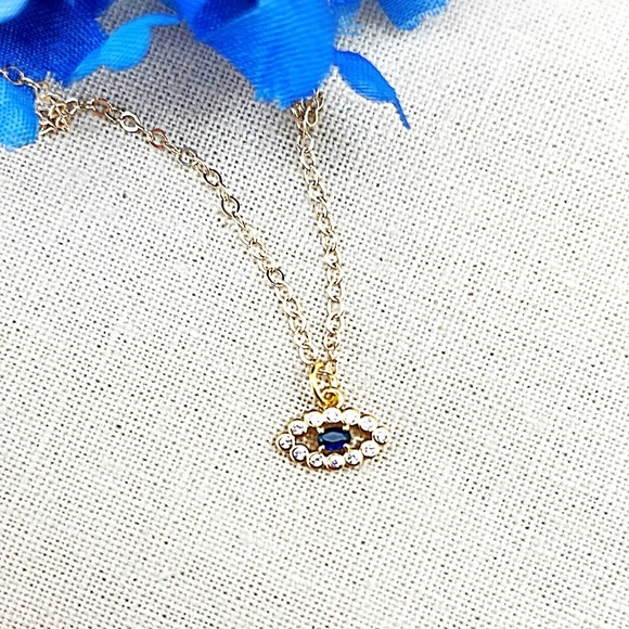 Tiny Evil Eye Necklace in Sapphire & Clear CZ’s, in 18k Gold Fill, NWT, Box Incl - Picture 2 of 5